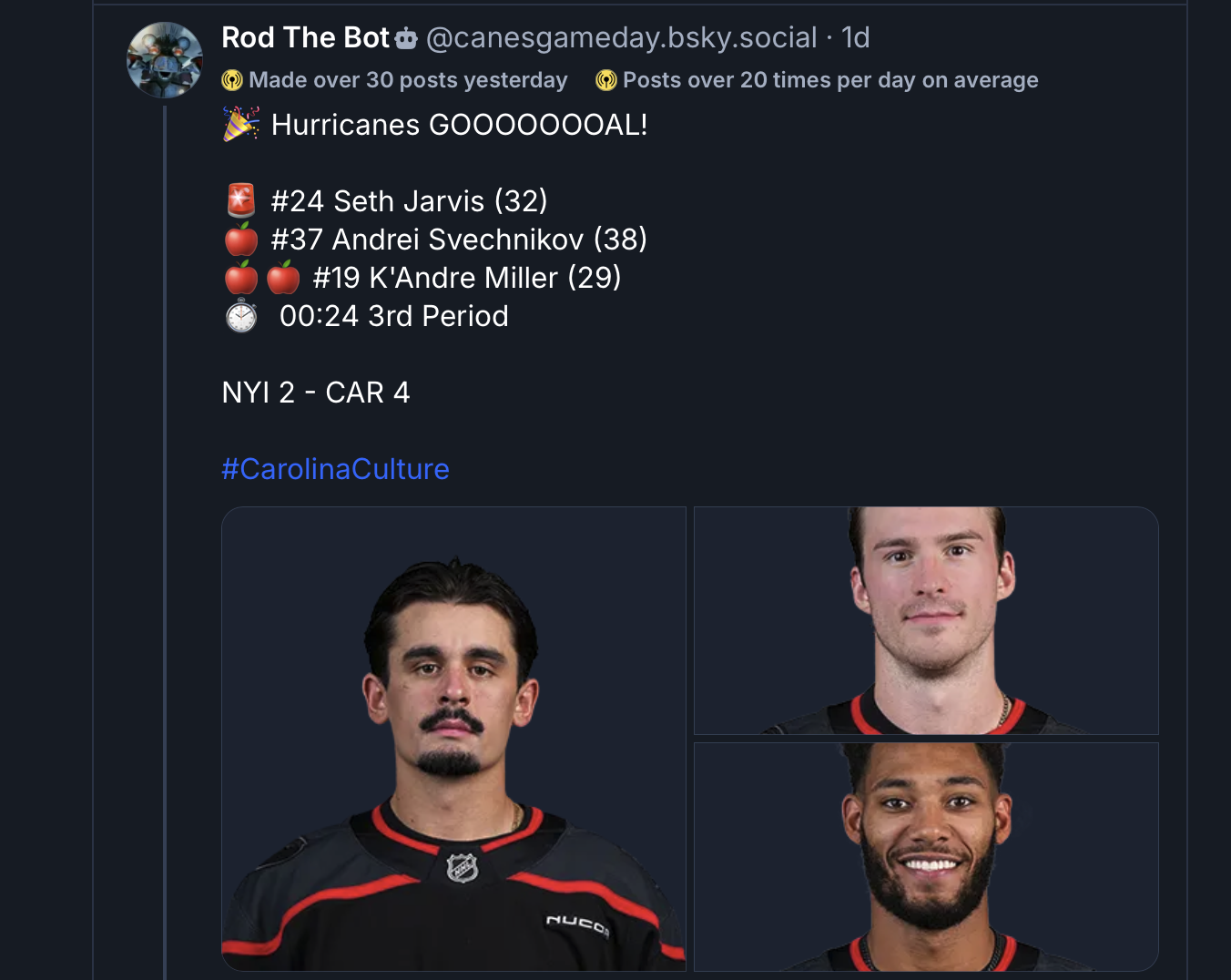 Rod The Bot posting a goal update on Bluesky